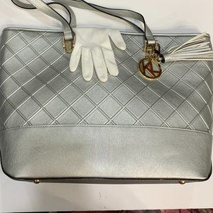 Kate Landry Silver Metallic Tote/shoulder Bag with Tassel and Gold Accents